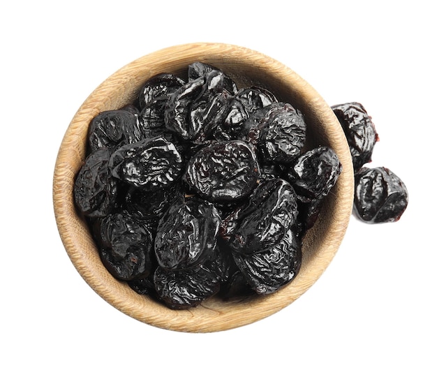 Photo bowl of tasty prunes on white background top view dried fruit as healthy snack