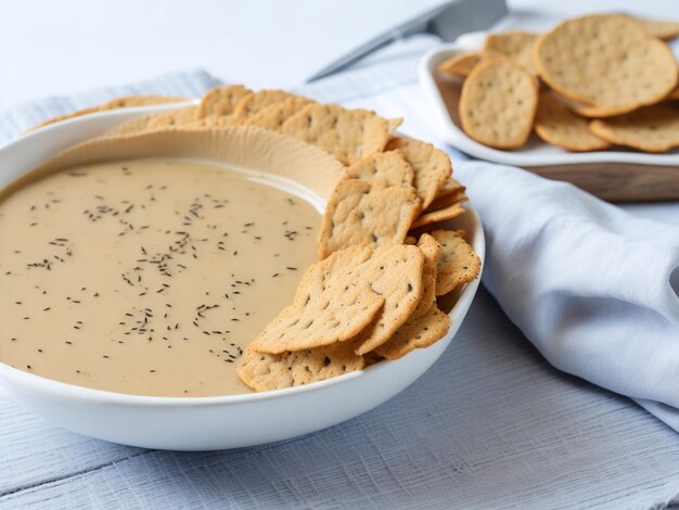 Photo bowl of tasty tahini with crackers