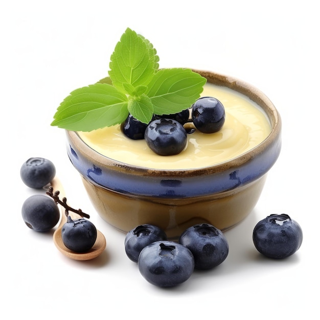 Photo bowl of tasty vanilla pudding with blueberry on white background