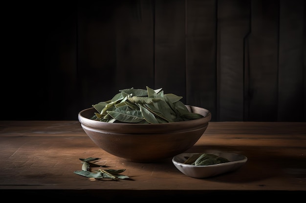 A bowl of tea leaves sits on a table