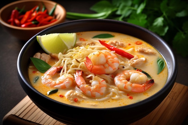 A bowl of thai food with shrimps and noodles