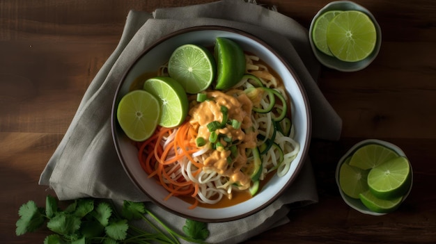 A bowl of thai noodle soup with limes and cilantro on the side.