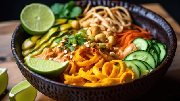 A bowl of thai noodles with peanut sauce and cucumber slices.