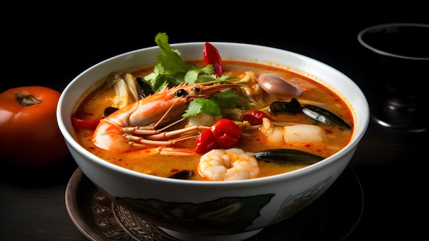 A bowl of thai tong yum soup on black background