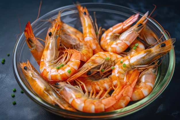 Bowl of tiger shrimp prawns with extra seasoning for dipping created with generative ai