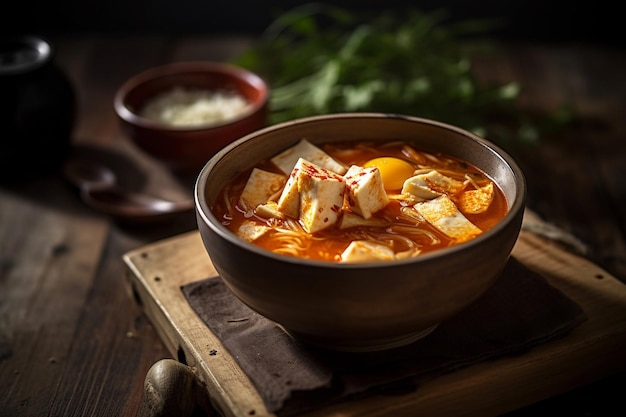 A bowl of tofu soup with a bowl of cheese on a wooden table.