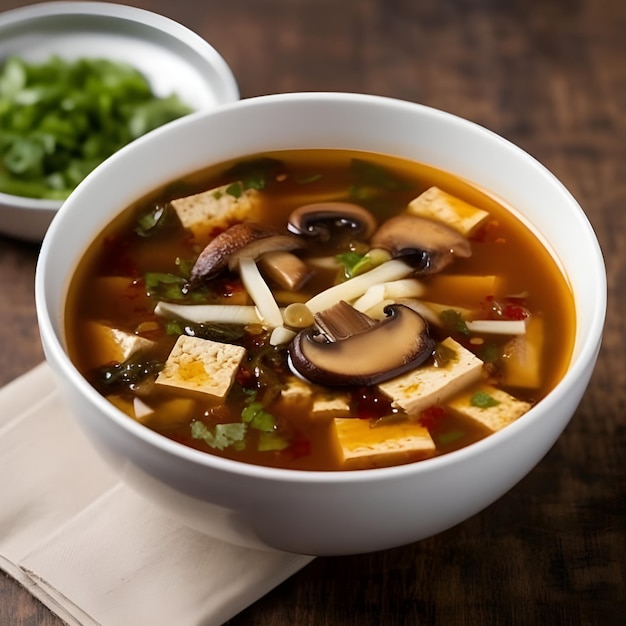 A bowl of tofu soup with a bowl of green onions on the side.