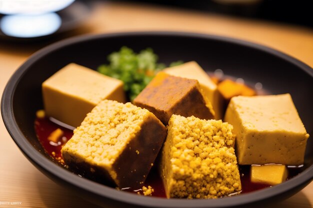 A bowl of tofu with a green vegetable on the side