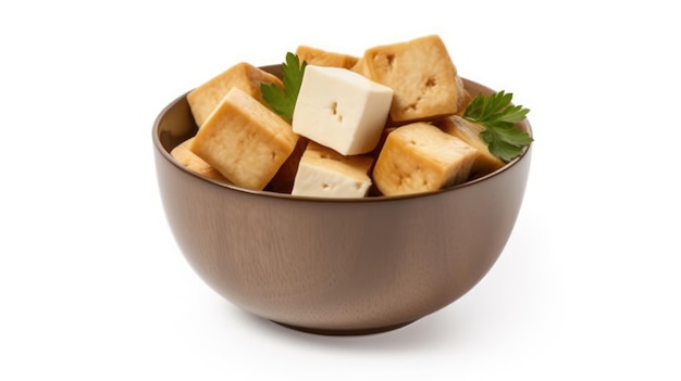 A bowl of tofu with a leaf of parsley on the side