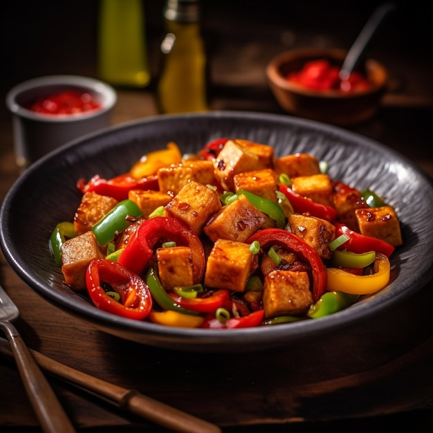 A bowl of tofu with peppers and onions