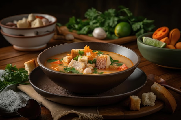 Bowl of tom yam soup with garnishes and croutons created with generative ai