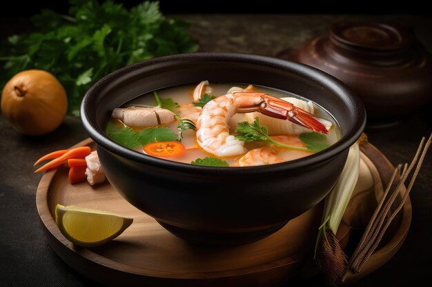 Bowl of tom yam soup with garnishes and spices visible created with generative ai