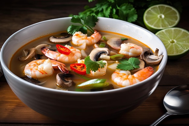 Bowl of tom yam soup with shrimp mushrooms and lemongrass created with generative ai