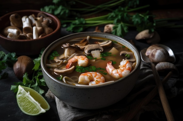 Bowl of tom yam soup with shrimp mushrooms and lemongrass created with generative ai