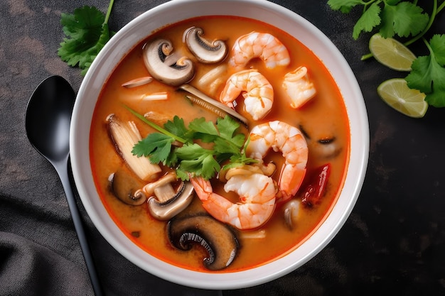 Photo bowl of tom yam soup with shrimp and mushrooms ready to be served created with generative ai