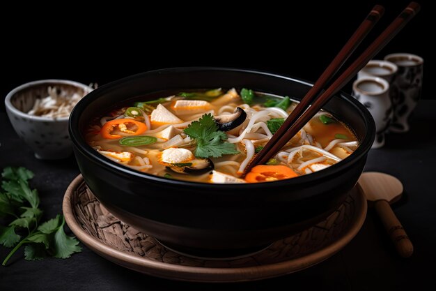 Bowl of tom yam soup with spoon and chopsticks on the side created with generative ai