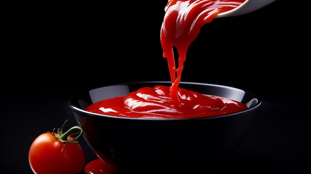 Photo bowl of tomato paste on black background