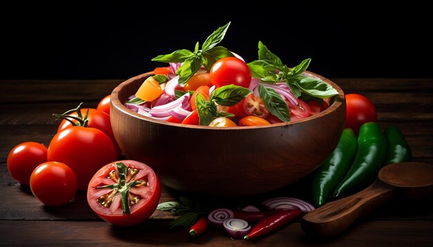 Foto una ciotola di insalata di pomodori con carni e ingredienti ai