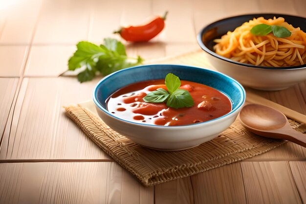 A bowl of tomato sauce next to a bowl of spaghetti.