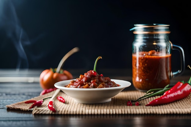 A bowl of tomato sauce next to a jar of red pepper sauce.