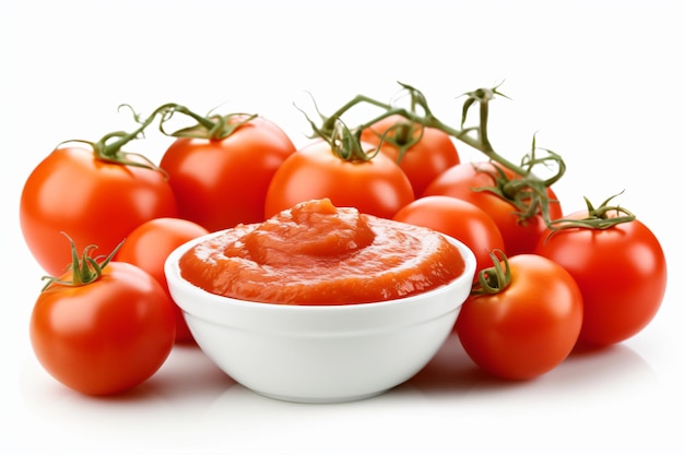 a bowl of tomato sauce surrounded by tomatoes