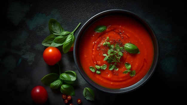 A bowl of tomato sauce with basil leaves on a black table.