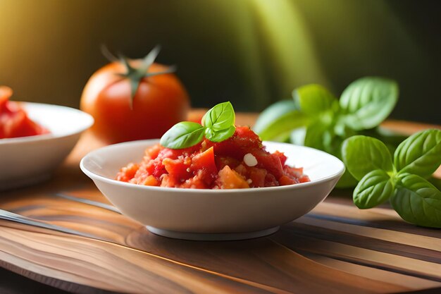 A bowl of tomato sauce with basil on the side