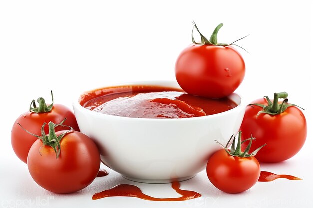 A bowl of tomato sauce with one of the tomatoes on it