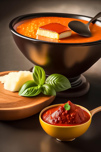 A bowl of tomato sauce with a spoon next to it and a bowl of tomato sauce.