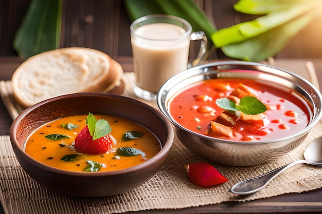 A bowl of tomato soup and a bowl of milk