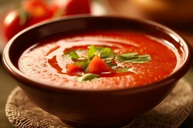 A bowl of tomato soup with basil leaves on the side