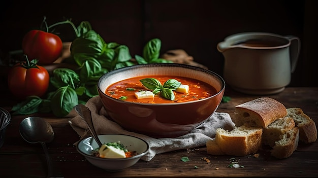 A bowl of tomato soup with basil leaves on a table next to a bread.