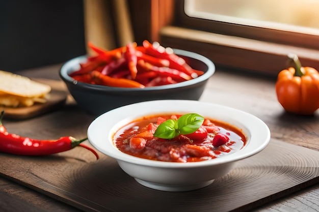 A bowl of tomato soup with a bowl of red pepper next to it.