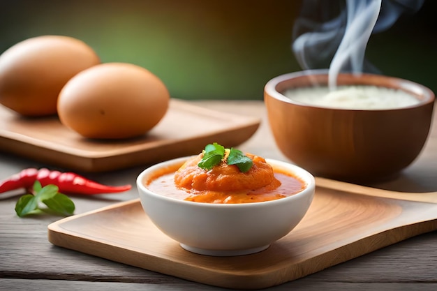 A bowl of tomato soup with a bowl of sauce and eggs on a table.