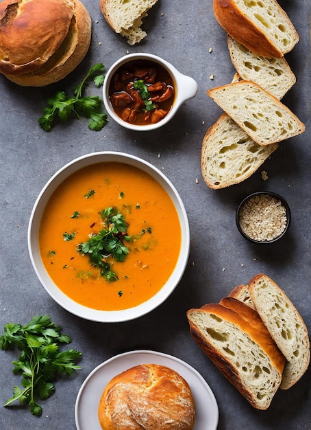 Photo a bowl of tomato soup with bread on the side