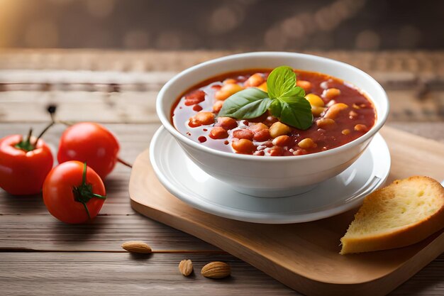 Тарелка томатного супа с хлебом на боку