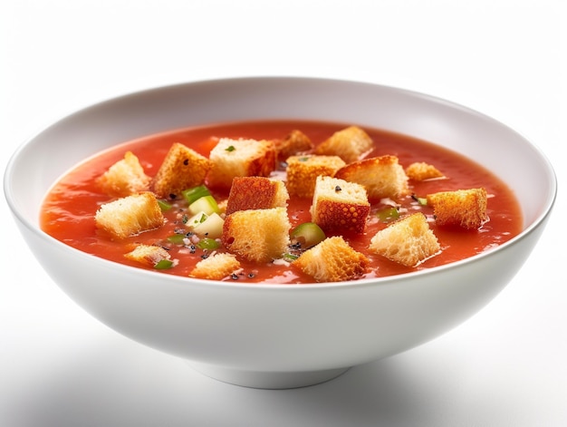 A bowl of tomato soup with croutons and croutons in it.