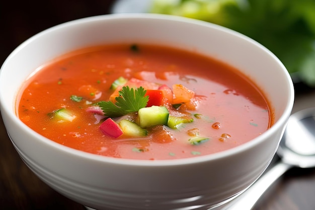 A bowl of tomato soup with cucumber on top