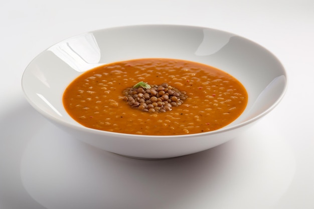 A bowl of tomato soup with a green leaf on top