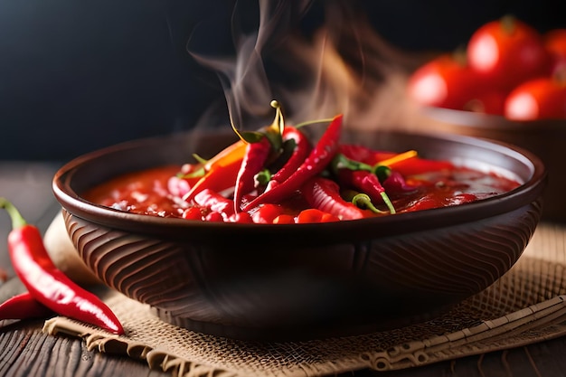 Foto una ciotola di zuppa di pomodoro con peperoncino piccante sul lato