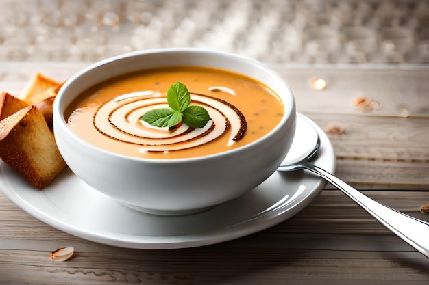 A bowl of tomato soup with a mint leaf on top