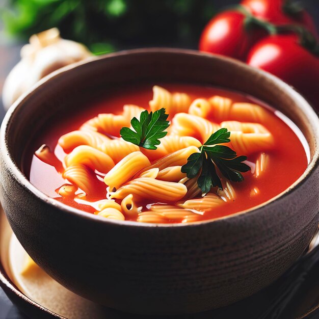 Bowl of tomato soup with pasta and parsle