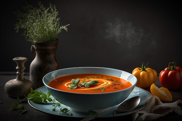 A bowl of tomato soup with a plate of basil on the table