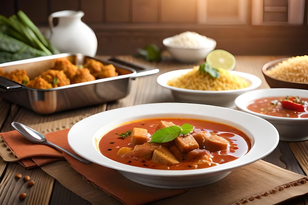 A bowl of tomato soup with rice and a plate of food on the table.