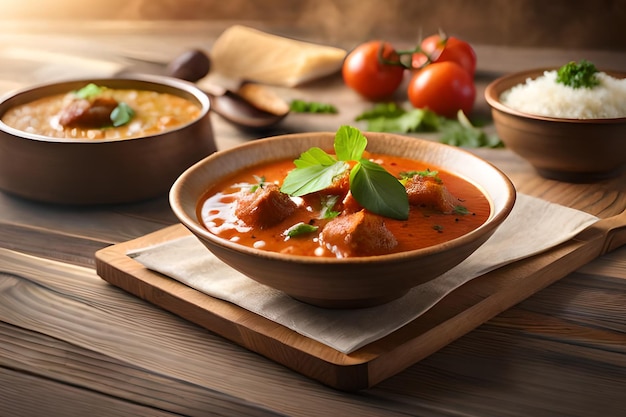 A bowl of tomato soup with a side of rice and a side of basil.