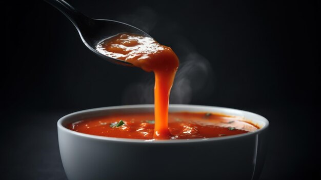 A bowl of tomato soup with a spoon being lifted up.