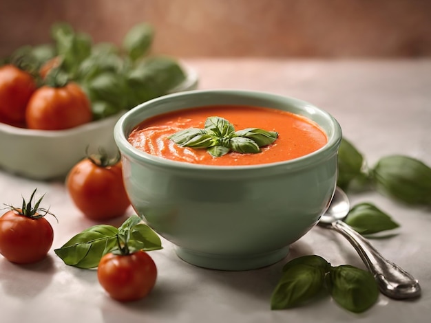 миска томатного супа с ложкой и некоторыми помидорами на ней