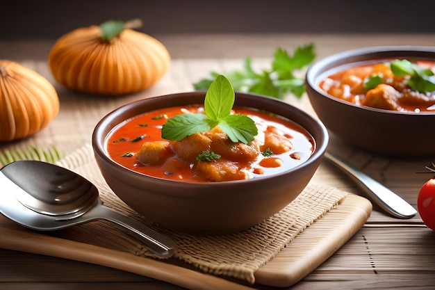 A bowl of tomato soup with a spoon on a table next to it.