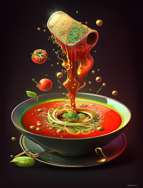 Миска томатного супа с ложкой и помидором на нем.