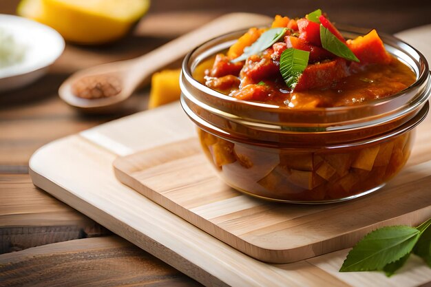 A bowl of tomato soup with a spoon on a wooden board.